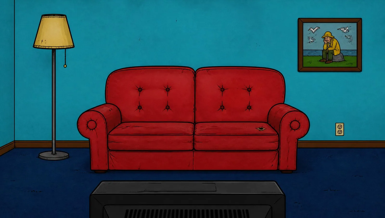 Basement couch room with red tufted couch, lamp, and bad framed art